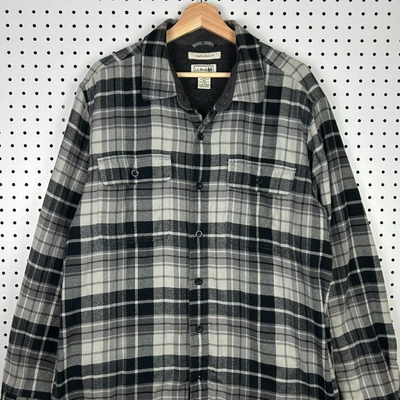 LL Bean Shirt Large Fleece-Lined Flannel Black Gray Fleece‎ Cabincore Lumberjack - Picture 1 of 9